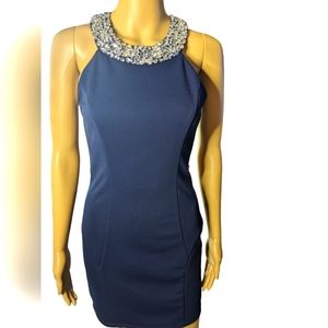 Windsor dk navy blue/almost black bodycon formal dress with jeweled neckline.
